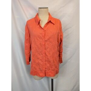 Pursuits Ltd Women's XL Orange Embroidered‎ Button Up Shirt 100% Cotton Gauze